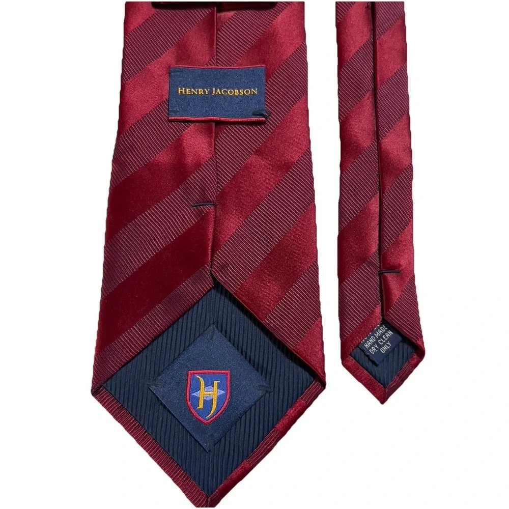 Henry Jacobson Necktie Mens Burgundy Red Excellent Silk Tonal Striped Hand Made